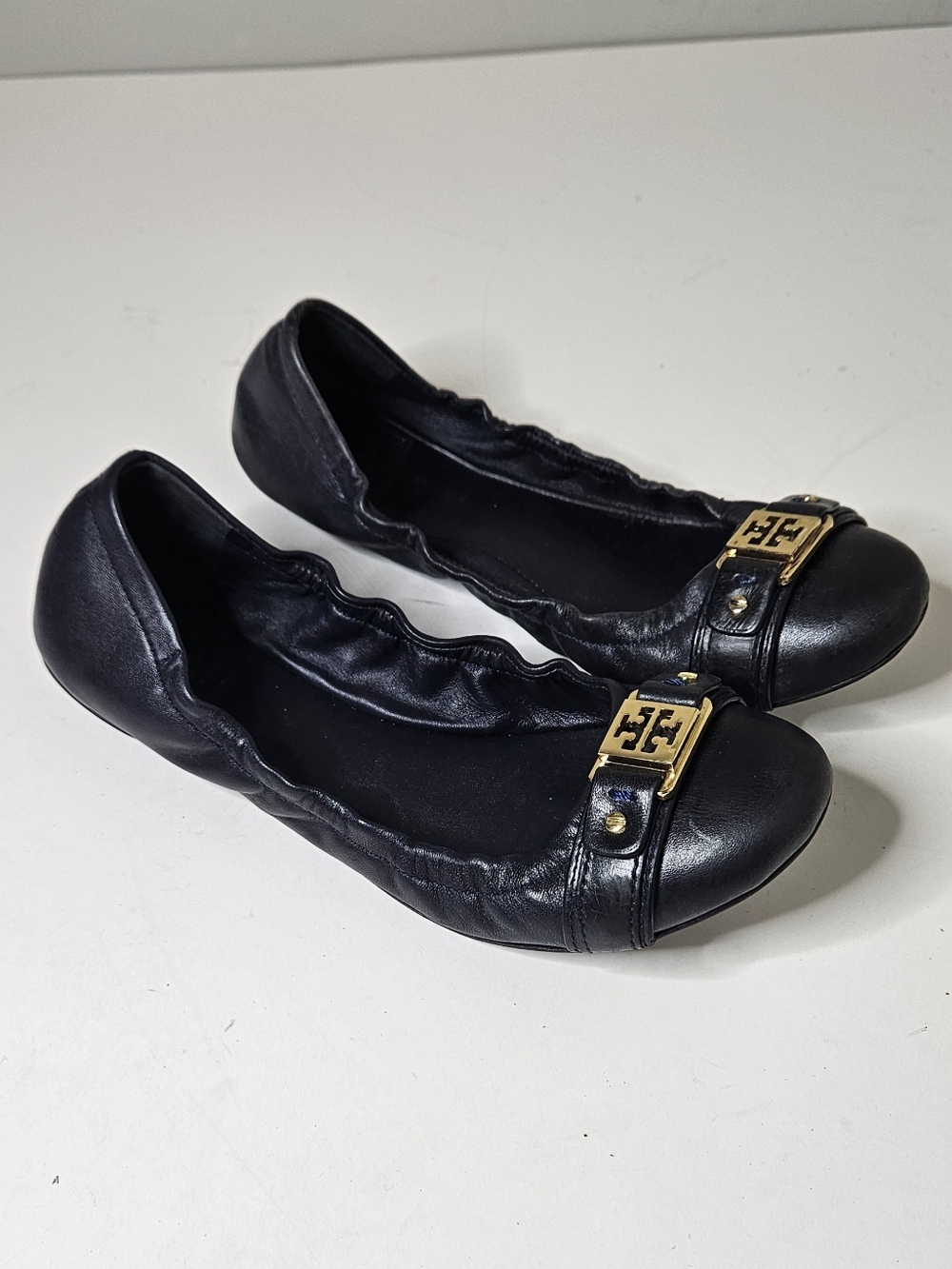 Tory Burch Ambrose Leather Ballet Flats Women's 8 Black Navy Gold
